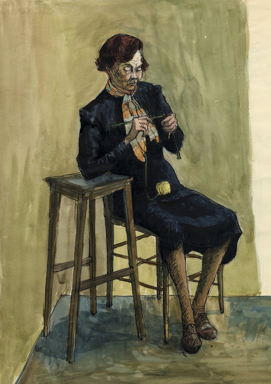 Kvinde strikker, c1950. af Shirley Markham