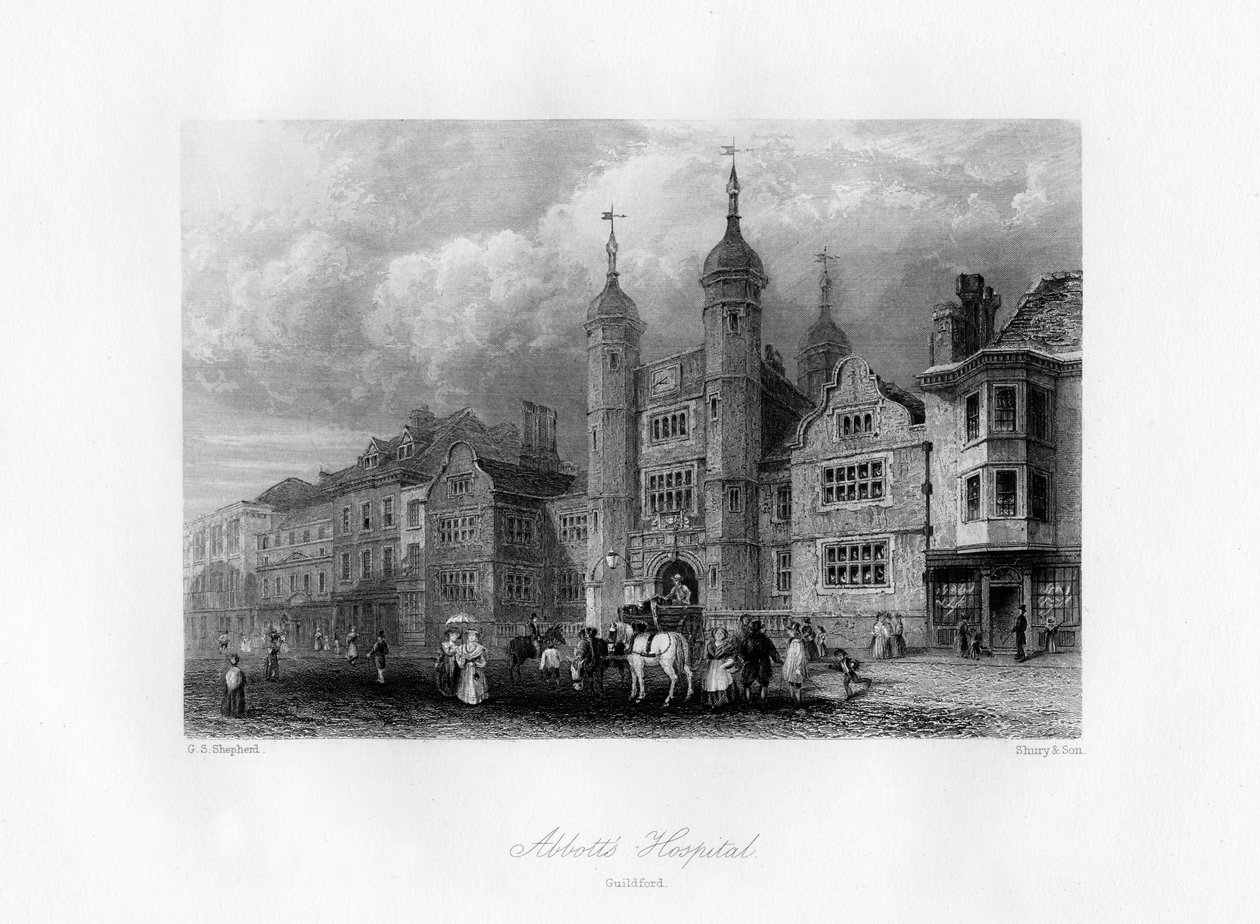 Abbotts Hospital, Guildford, 1800-tallet. af Shury and Son