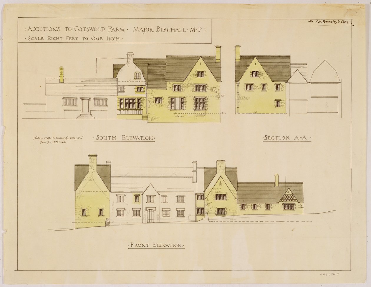 Tilføjelser til Cotswold Farm: syd- og frontforhøjninger, ca. 1925 (print og wc på papir) af Sidney Barnsley