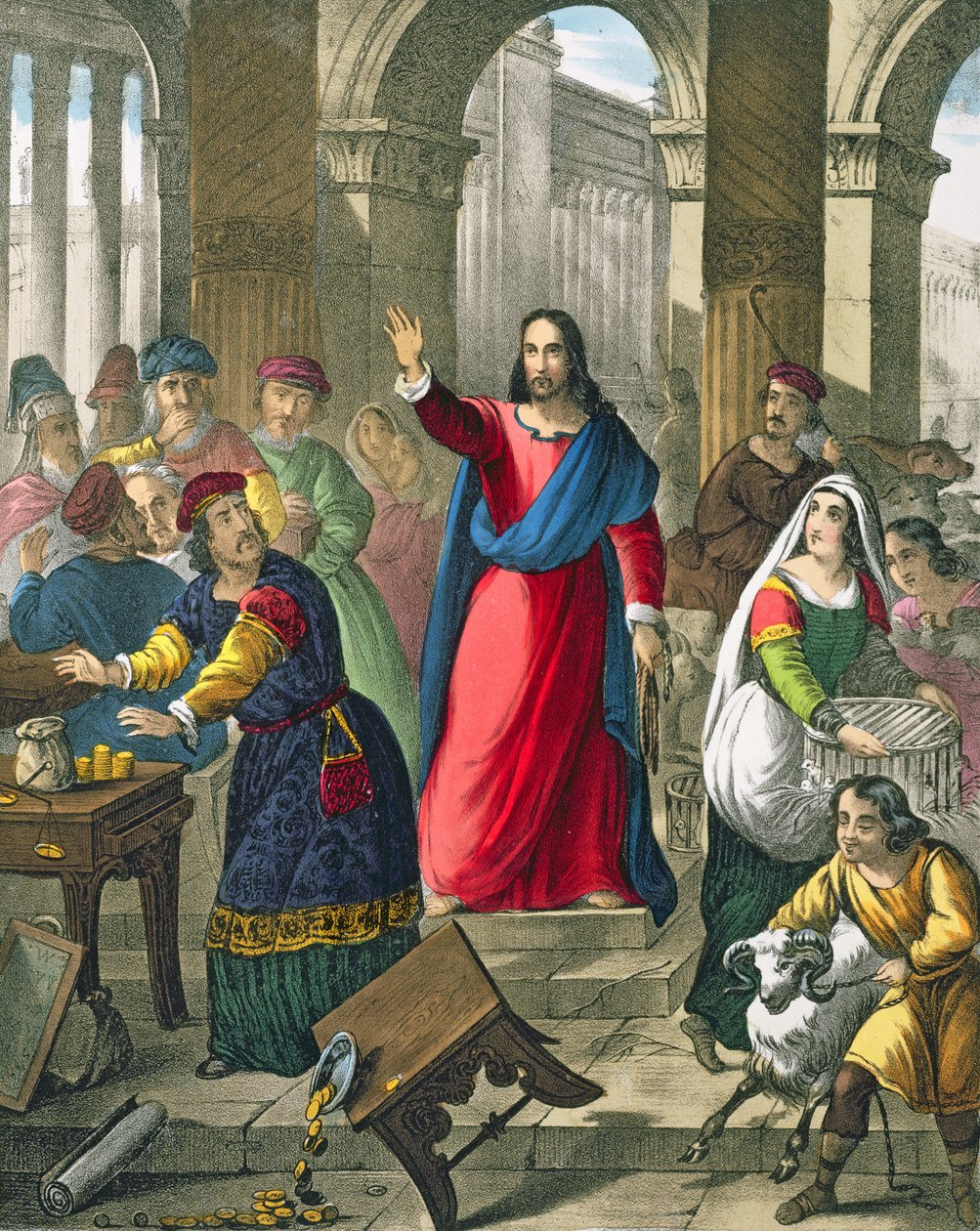 Kristus renser templet, fra en bibel trykt af Edward Gover, 1870