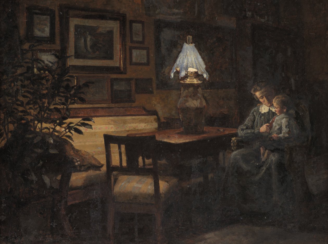 Afteninteriør. Moder og barn af Sigurd Wandel