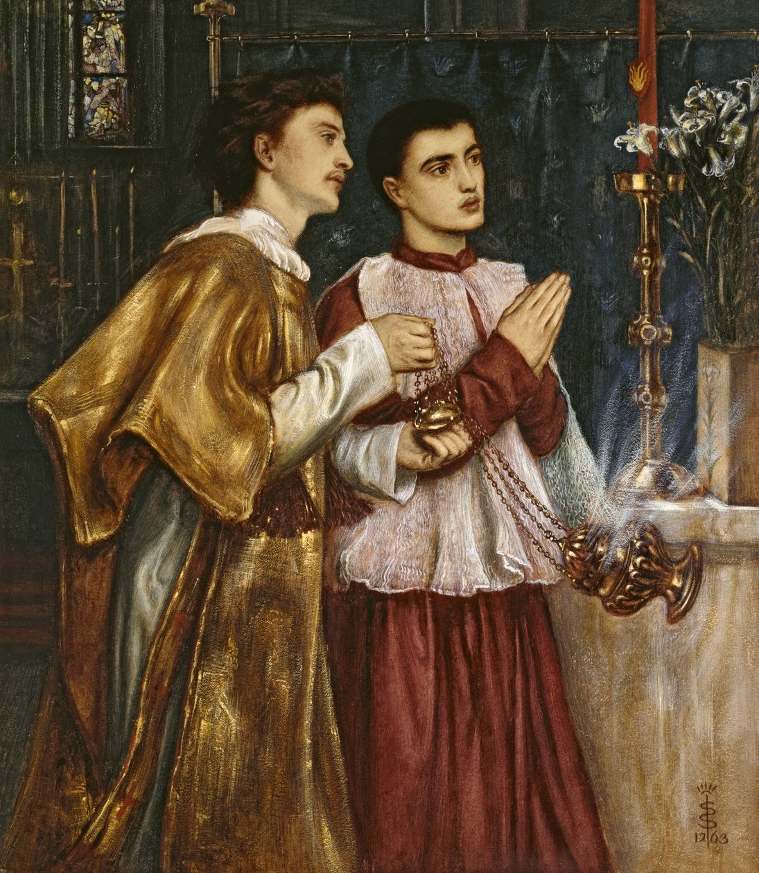 Two Acolytes Censing: Pentecost (kropsfarve på papir monteret på lærred) af Simeon Solomon