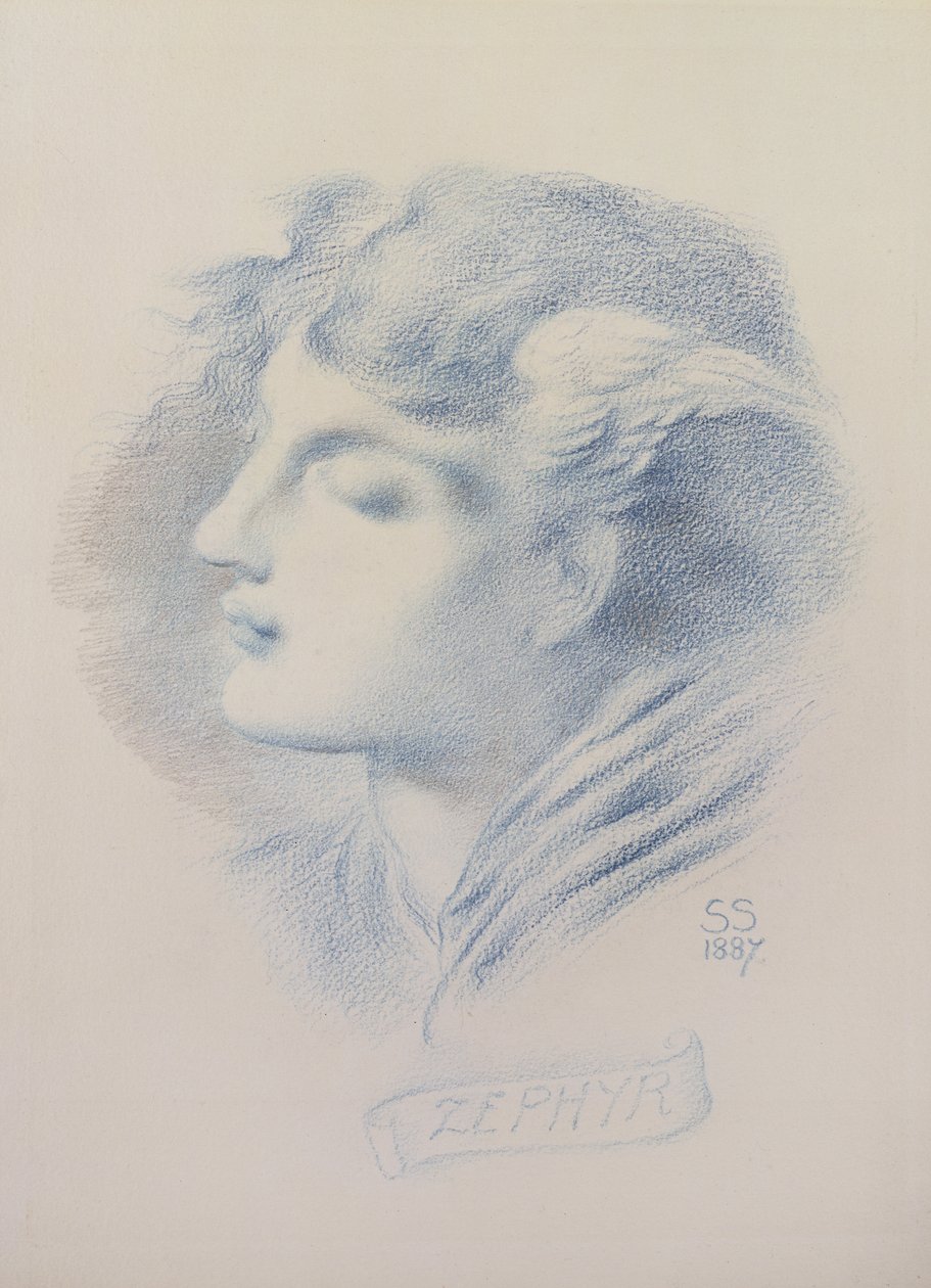 Zephyr, 1887 (blå farveblyant og blyant på papir) af Simeon Solomon