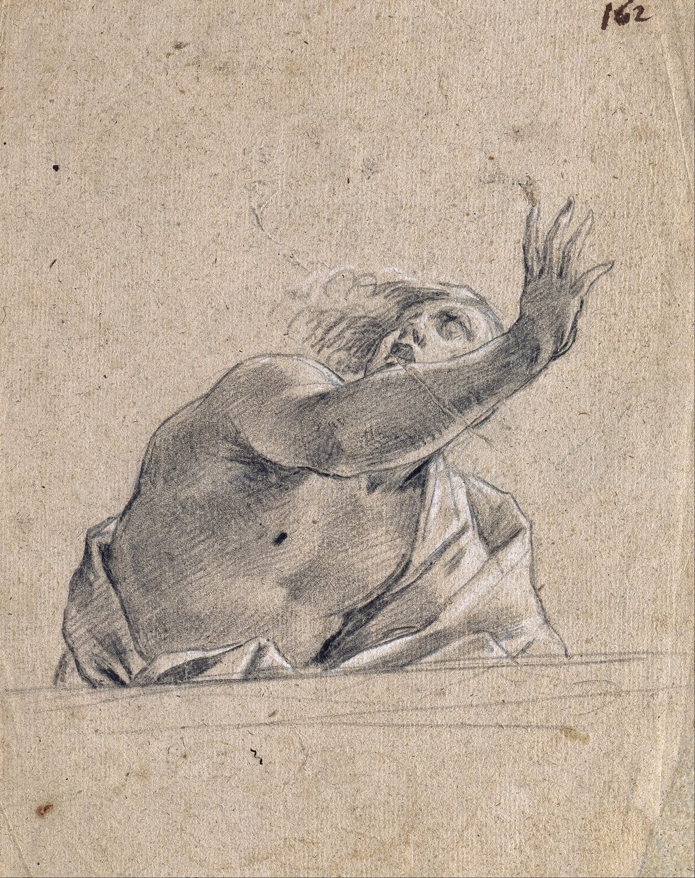 Mand med løftet arm bag en brystning af Simon Vouet