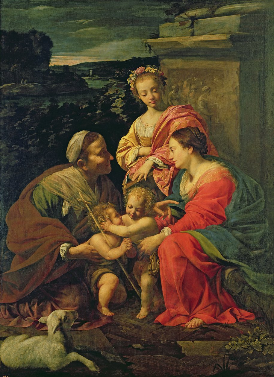Jomfruen og barnet med St. Elizabeth, spædbarnet St. John og St. Catherine, ca. 1624-26 af Simon Vouet