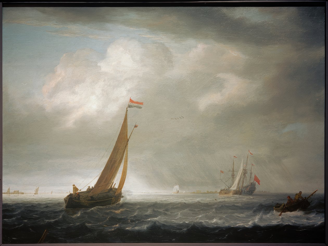 En blæsende dag i en flodmunding i Holland af Simon de Vlieger