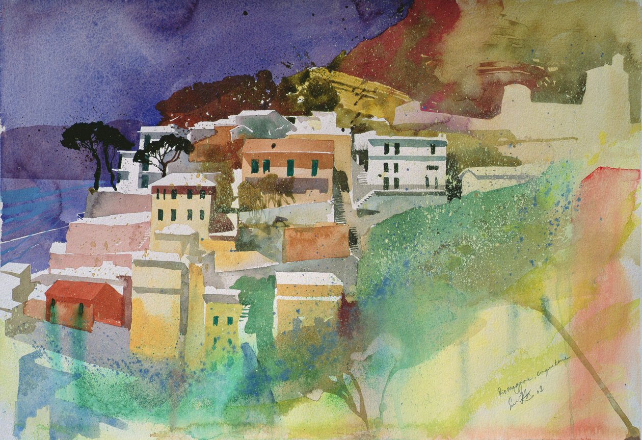 Riomaggiore cinqueterre, Italien, 2002 (akvarel) af Simon Fletcher