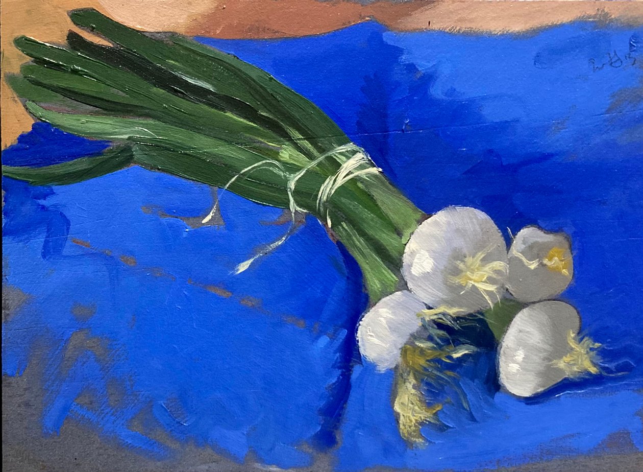 Scallions (olie på plade) af Simon Fletcher