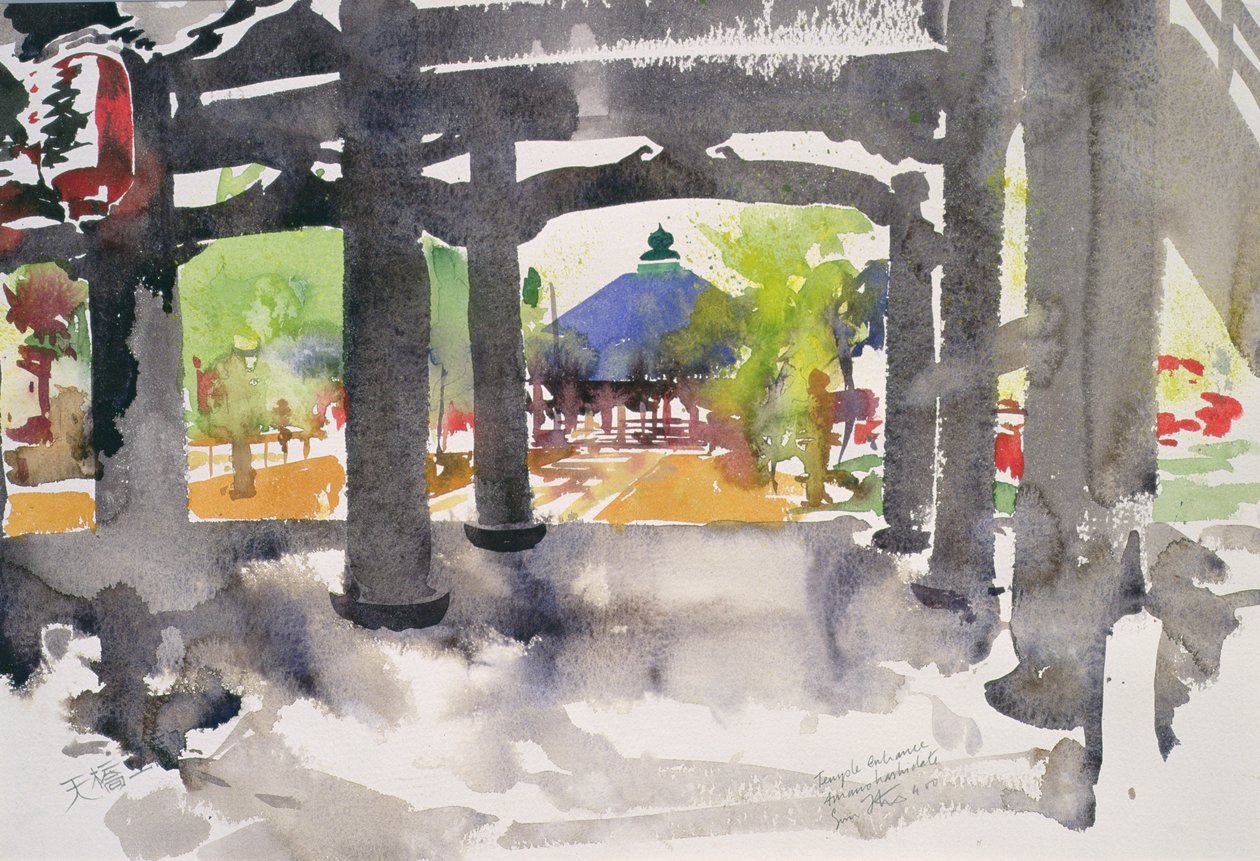 Tempelindgang, Amanohashidate (akvarel på papir) af Simon Fletcher