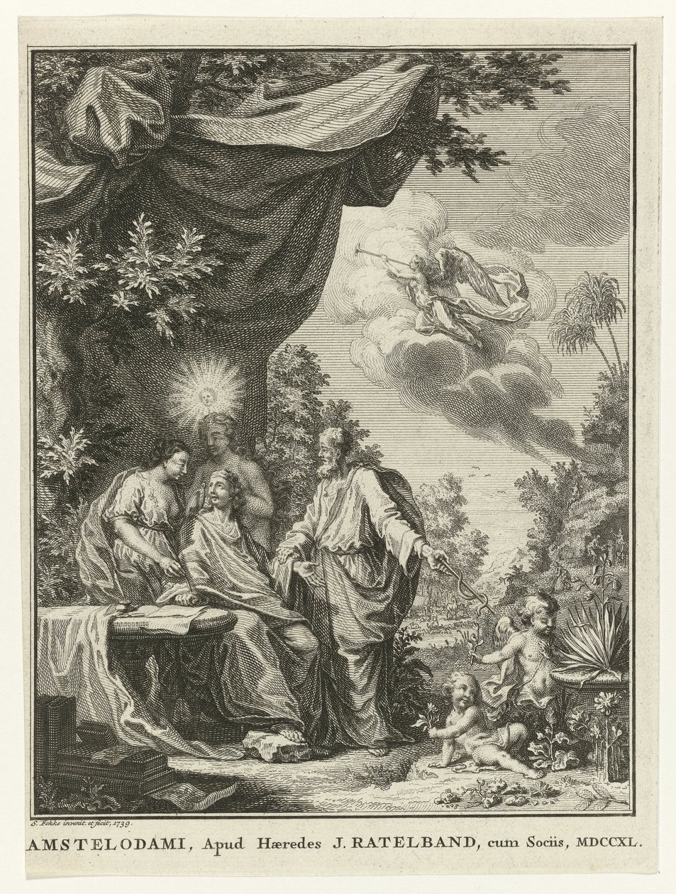 Forfatter omgivet af allegoriske figurer af Simon Fokke