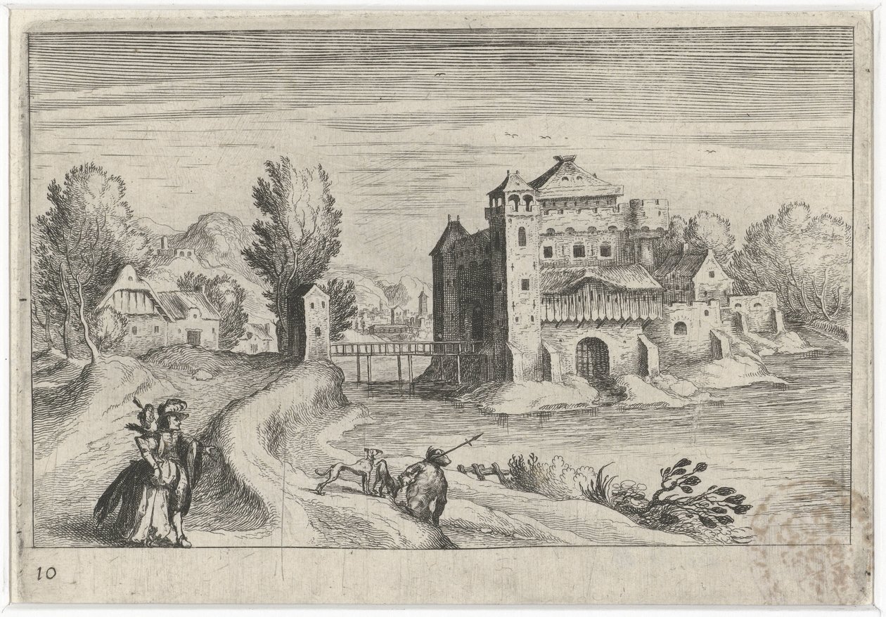 Flodlandskab med et slot Sydeuropæiske landskaber (serietitel) Topographia variarum regionum (serietitel) af Simon Frisius