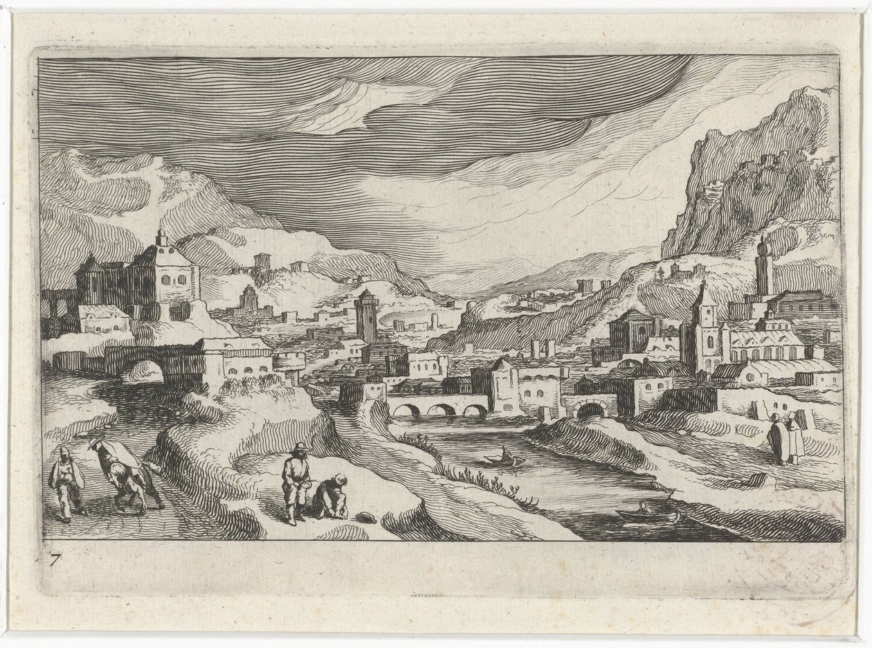 Bybillede i en floddal Sydeuropæiske landskaber (serietitel) Topographia variarum regionum (serietitel) af Simon Frisius