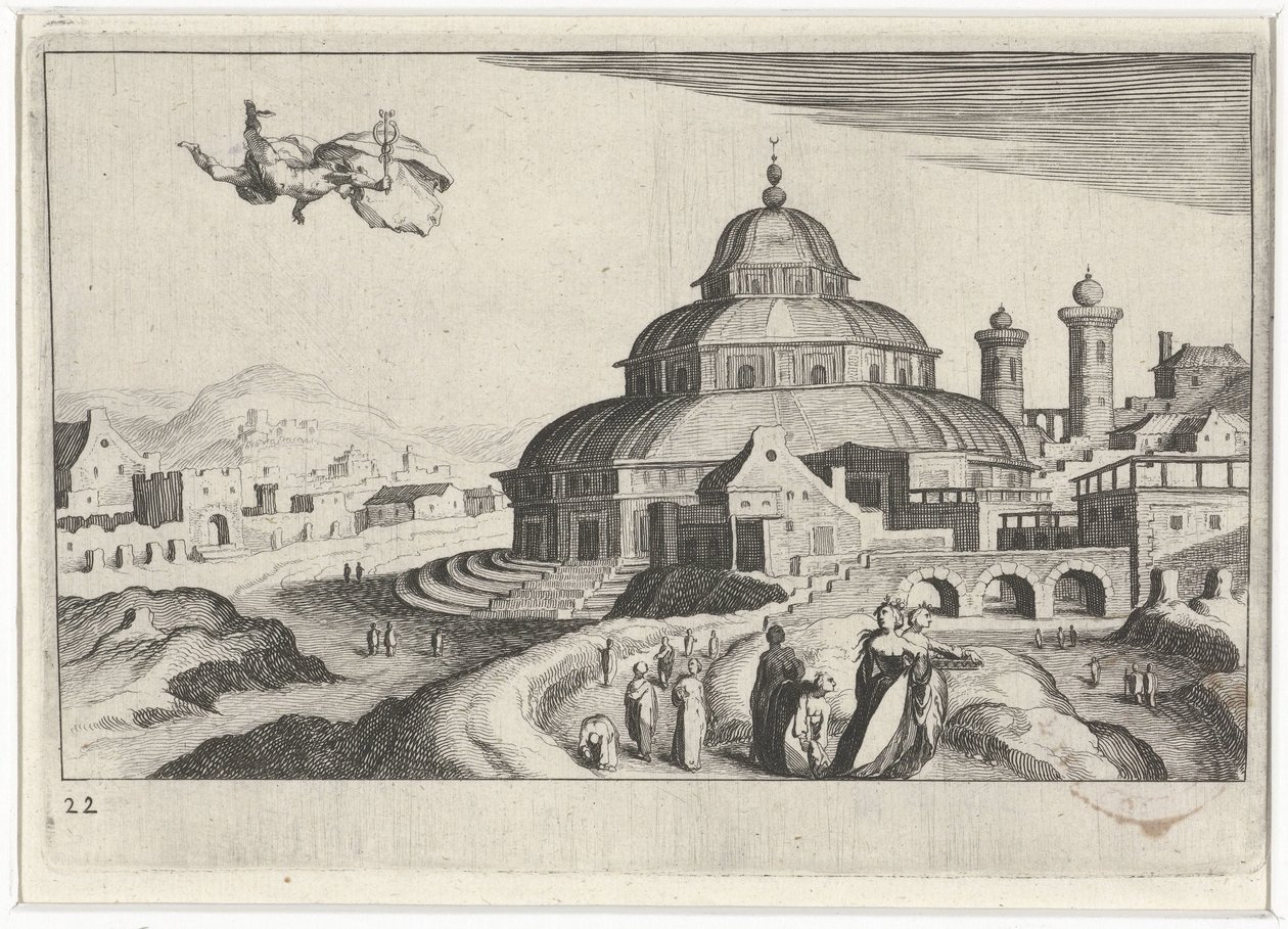 Bybillede med Merkur Sydeuropæiske landskaber (serietitel) Topographia variarum regionum (serietitel) af Simon Frisius