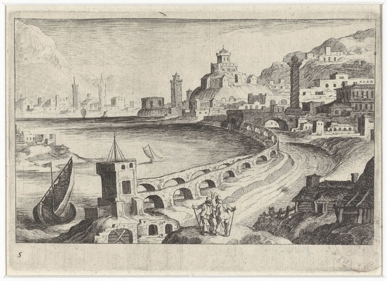 Bybillede med en akvædukt Sydeuropæiske landskaber (serietitel) Topographia variarum regionum (serietitel) af Simon Frisius