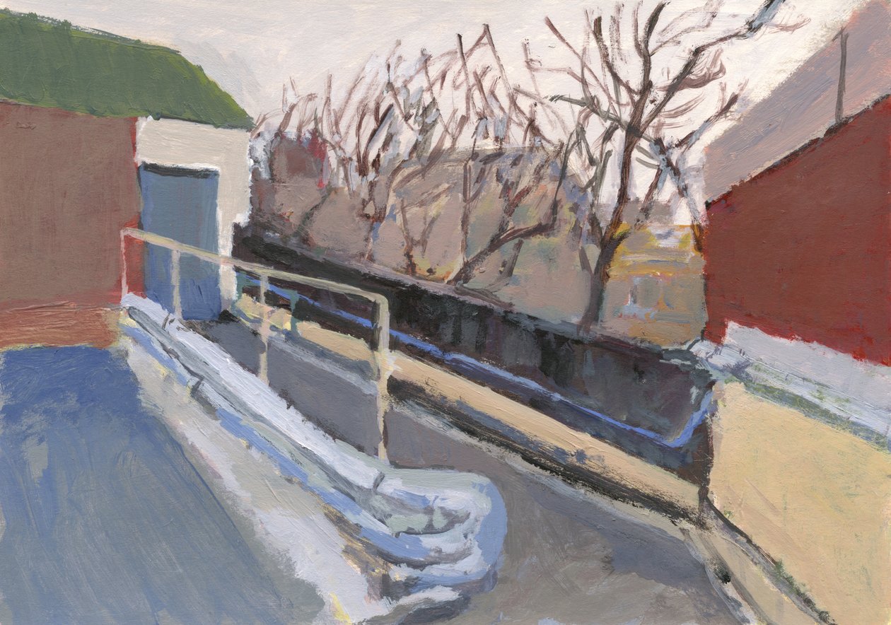 Carpark walkway, 2024 (akryl på papir) af Simon Neville