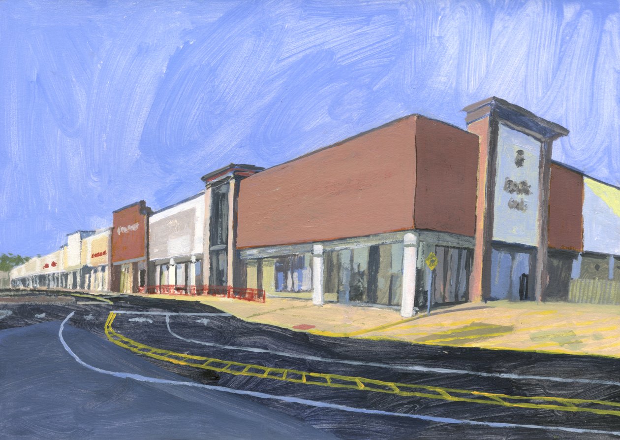 Strip mall 8, 2023 (akryl på papir) af Simon Neville
