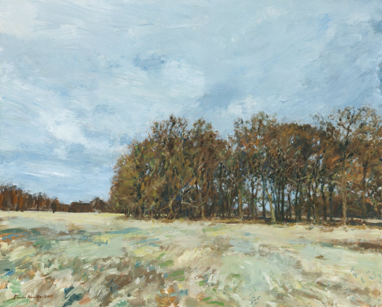 Woodland, Richmond Park, 2019 (olie på panel) af Simon Neville