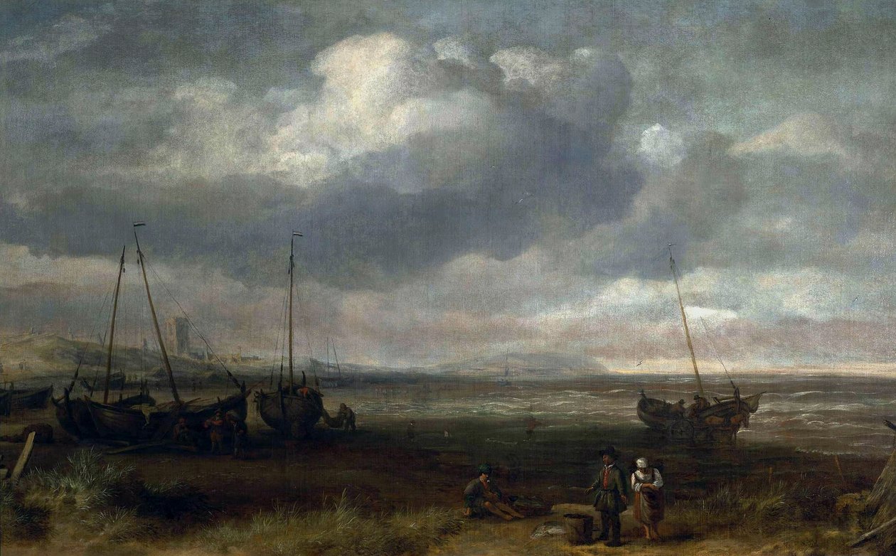 Havet i Scheveningen med fiskerbåde af Simon de Vlieger