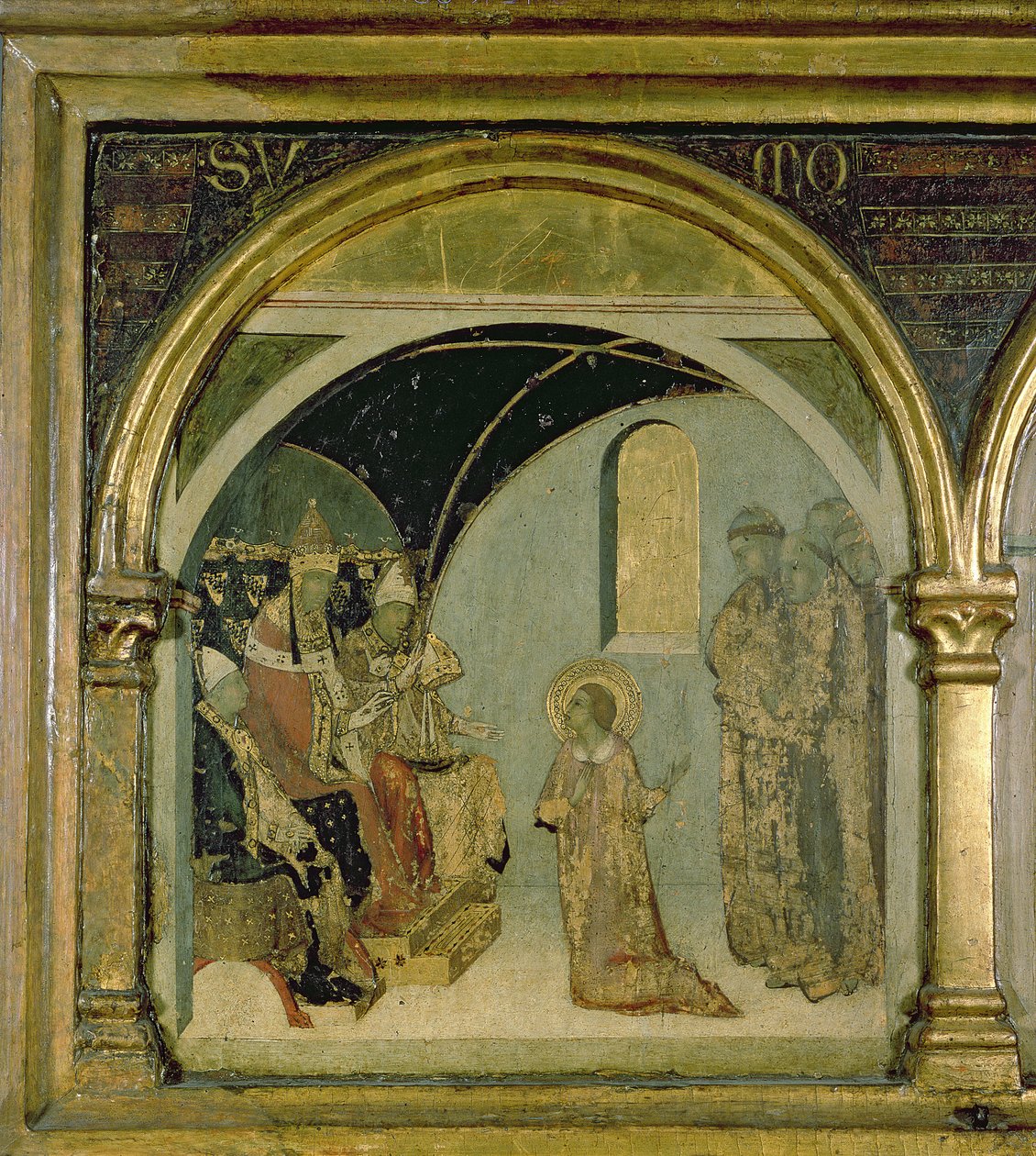 Detalje, der viser Skt. Ludovico før pave Boniface VIII fra St. Ludovicos predella af Simone Martini