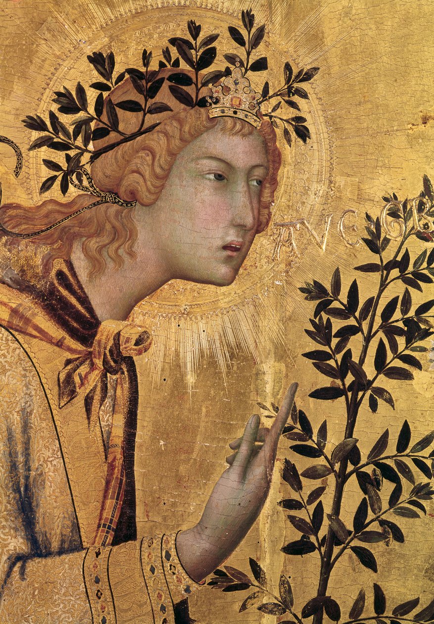 Bebudelsen med St. Margaret og St. Asano, detalje af ærkeenglen Gabriel, 1333 (tempera på panel) (detalje af 50322) af Simone Martini