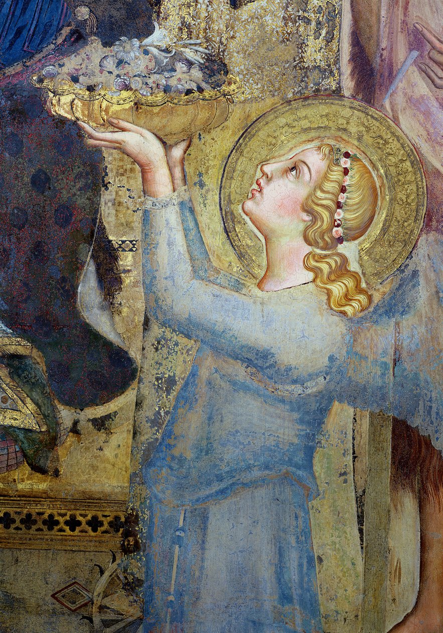 Maesta: Angel Offering Flowers to the Virgin, 1315 freskodetalje af 51591 af Simone Martini