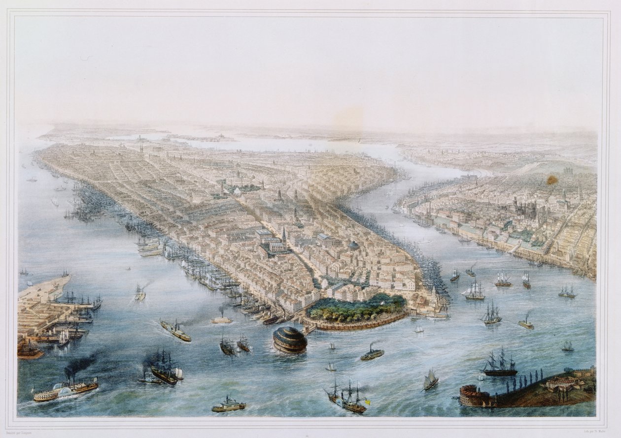 Luftfoto af New York og Brooklyn, indgraveret af T.H. Muller, udgivet af L. Turgis, Paris, ca. 1850 af Simpson