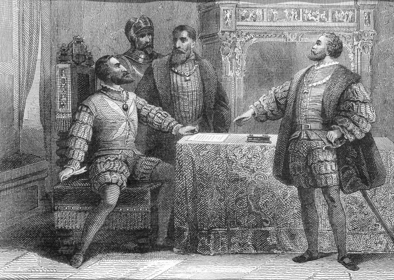 Carlos V af Spanien (1500-58) og Francois I af Frankrig (1494-1547) underskrev Madrid-traktaten, 14. januar 1526 af Spanish School