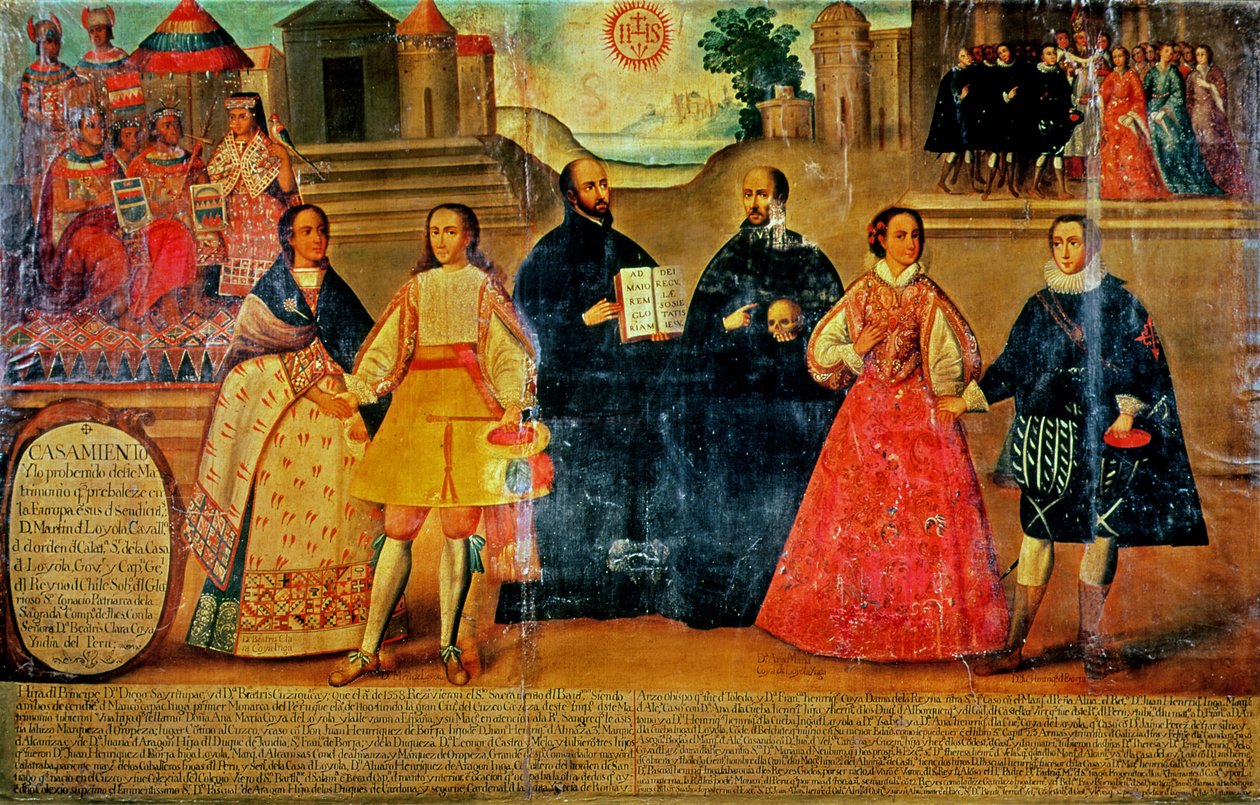 Dobbeltbryllup mellem to inka-kvinder og to spaniere i 1558, ca. 1750 (panel) af Spanish School