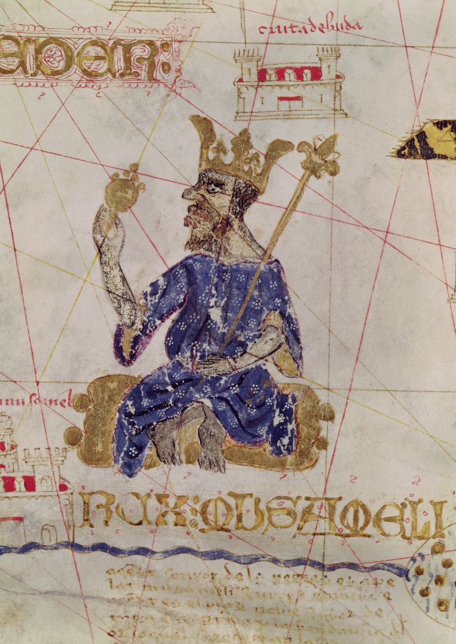 Kankou Mousa, konge af Mali, fra kortet over Charles V, kort over Mecia de Viladestes, en portulan af Europa og Nordafrika, 1413 af Spanish School