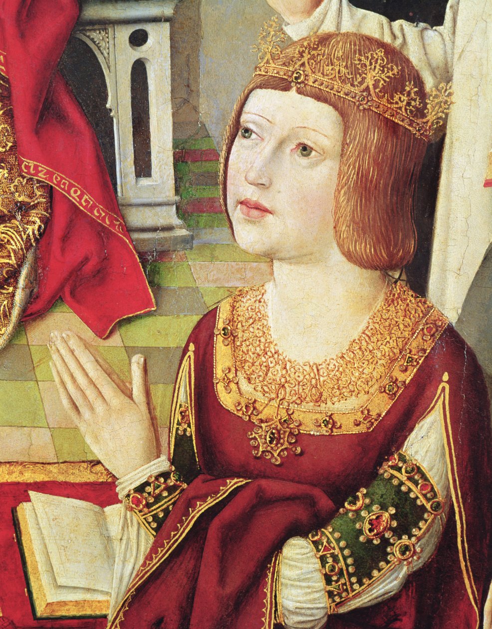 Jomfruen af de katolske konger, detalje af Isabella de Castille (1451-1504) ca. 1490 (se 60603 og 3947) af Spanish School