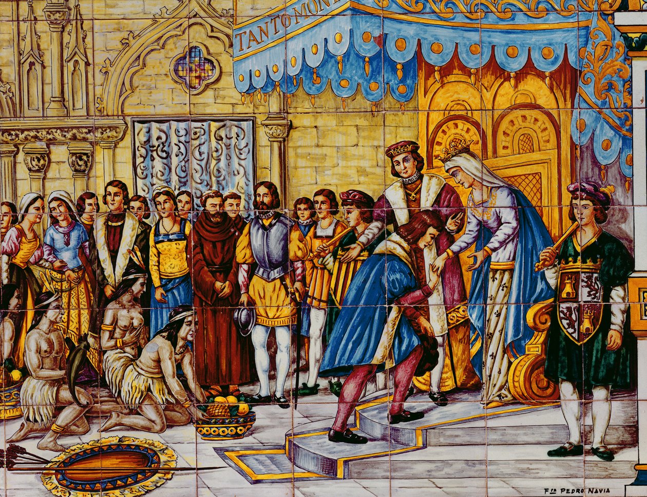 Fliser, der viser modtagelsen af Christopher Columbus af de katolske konger, Ferdinand af Aragon og Isabella af Castille i Barcelona ved hans tilbagevenden fra Amerika i 1492 af Spanish School