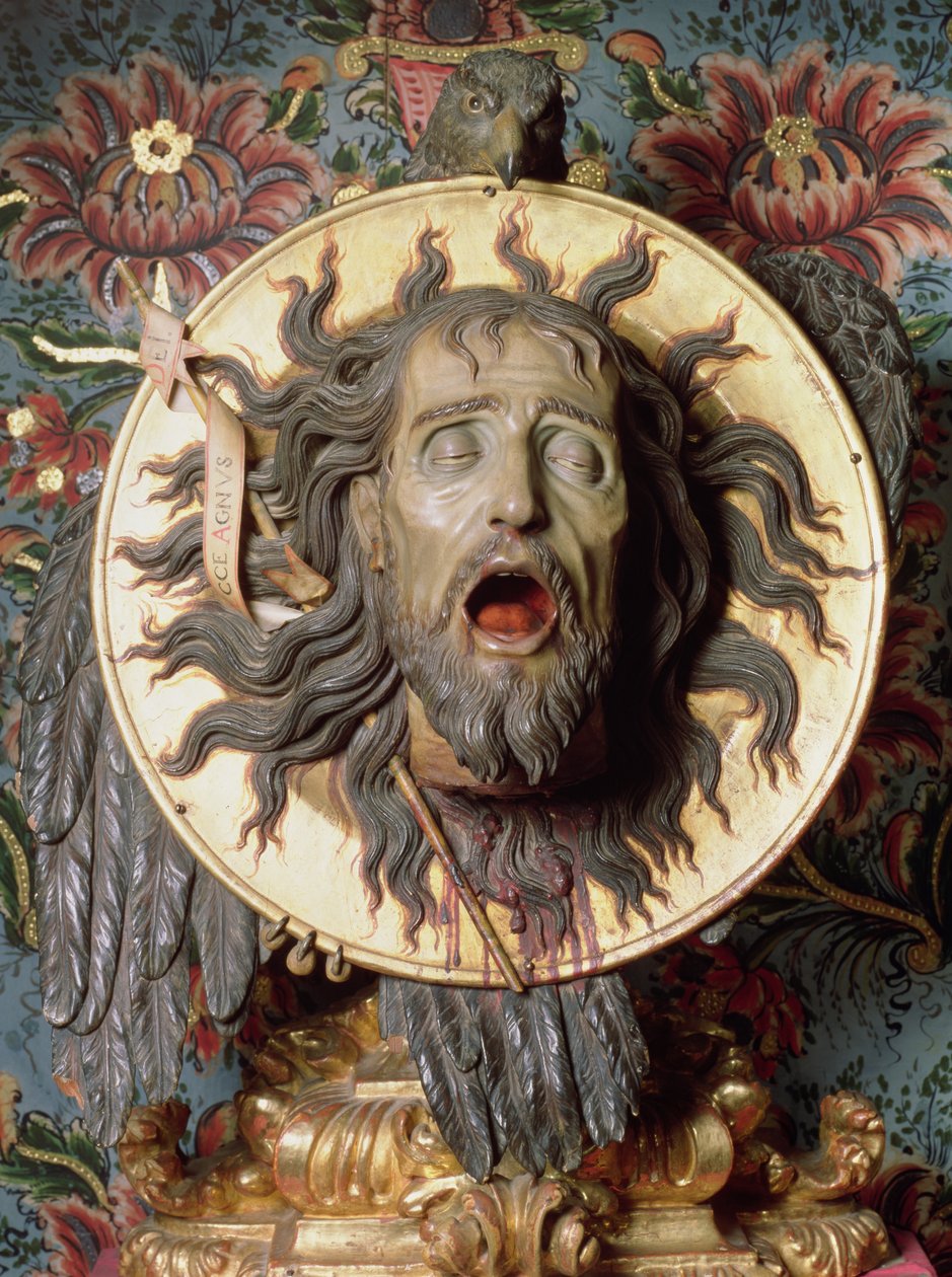 Hoved af Johannes Døberen (polykromt træ) af Spanish School