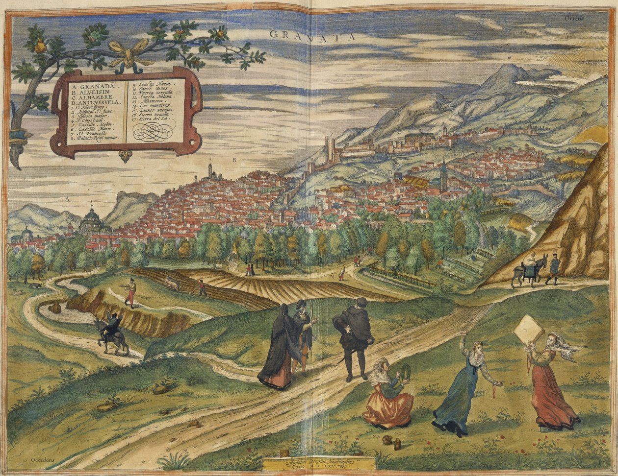 Udsigt over Granada (håndfarvet gravering) af Spanish School