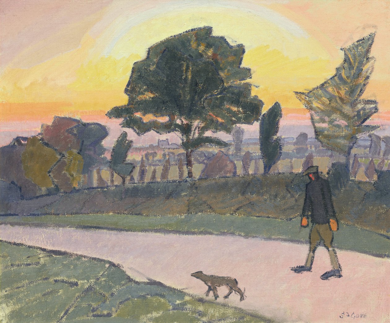 Sunset, Letchworth, med mand og hund, 1912 af Spencer Frederick Gore