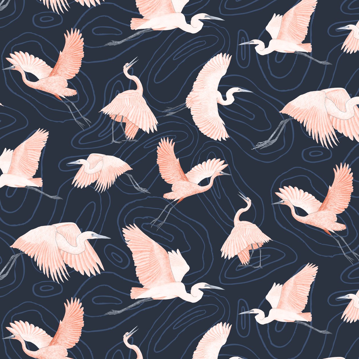 Egrets pattern I, 2022 (grafitblyant  digital) af Stacy Hsu