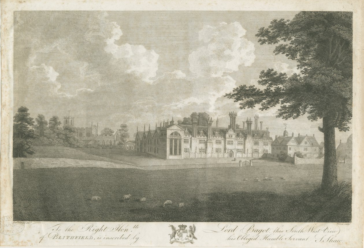 Blithfield Hall: gravering og [1700-tallet] af Stebbing Shaw