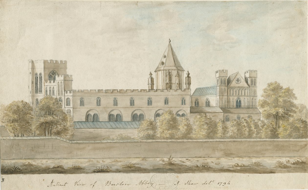 Burton-upon-Trent Abbey: vandfarvemaleri, 1794 af Stebbing Shaw