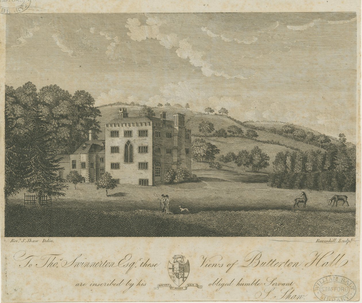 Butterton Hall: gravering og [1700-tallet] af Stebbing Shaw