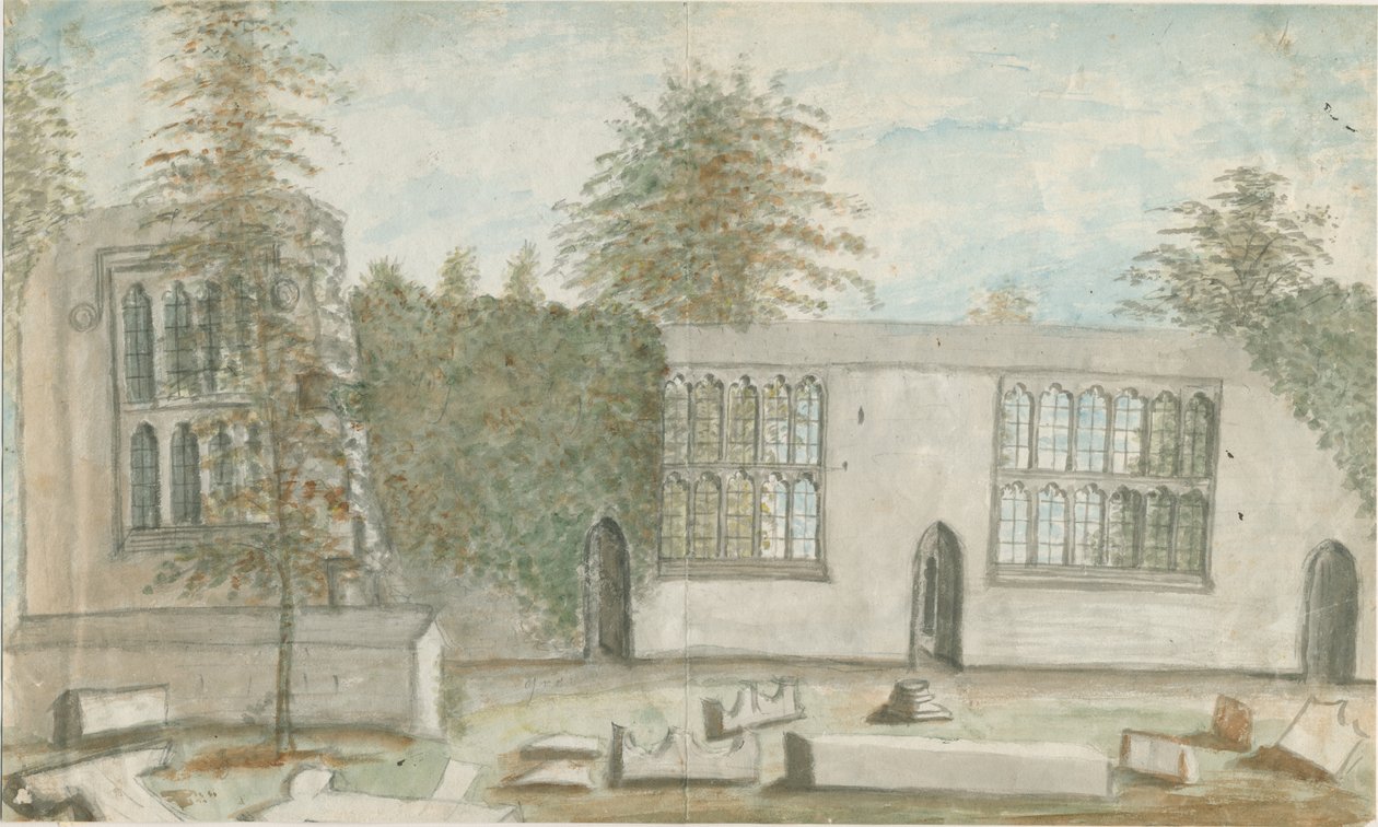 Tixall Hall: vandfarvemaleri, nd [1762-1802] af Stebbing Shaw