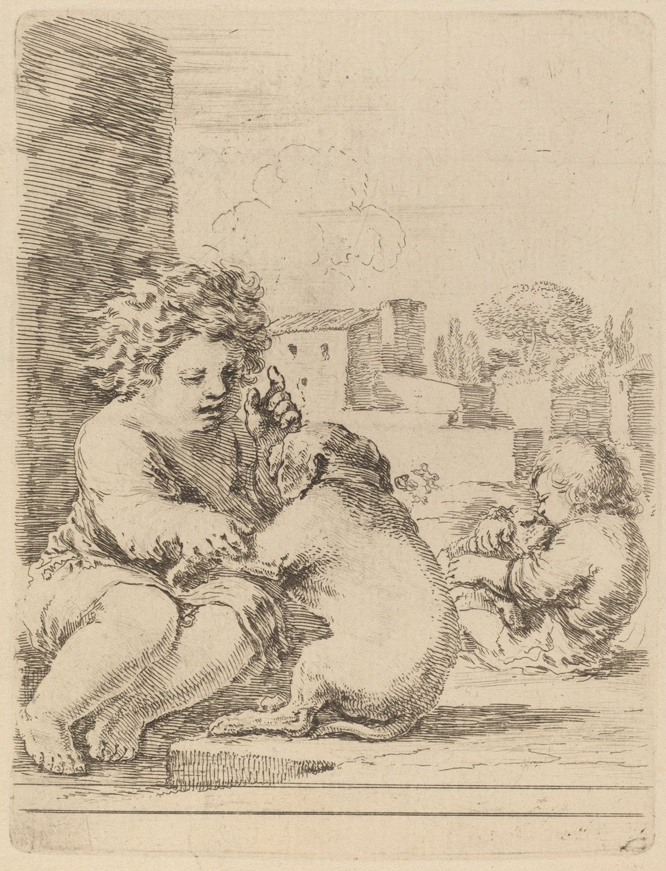 Barn leger med en hund. af Stefano della Bella