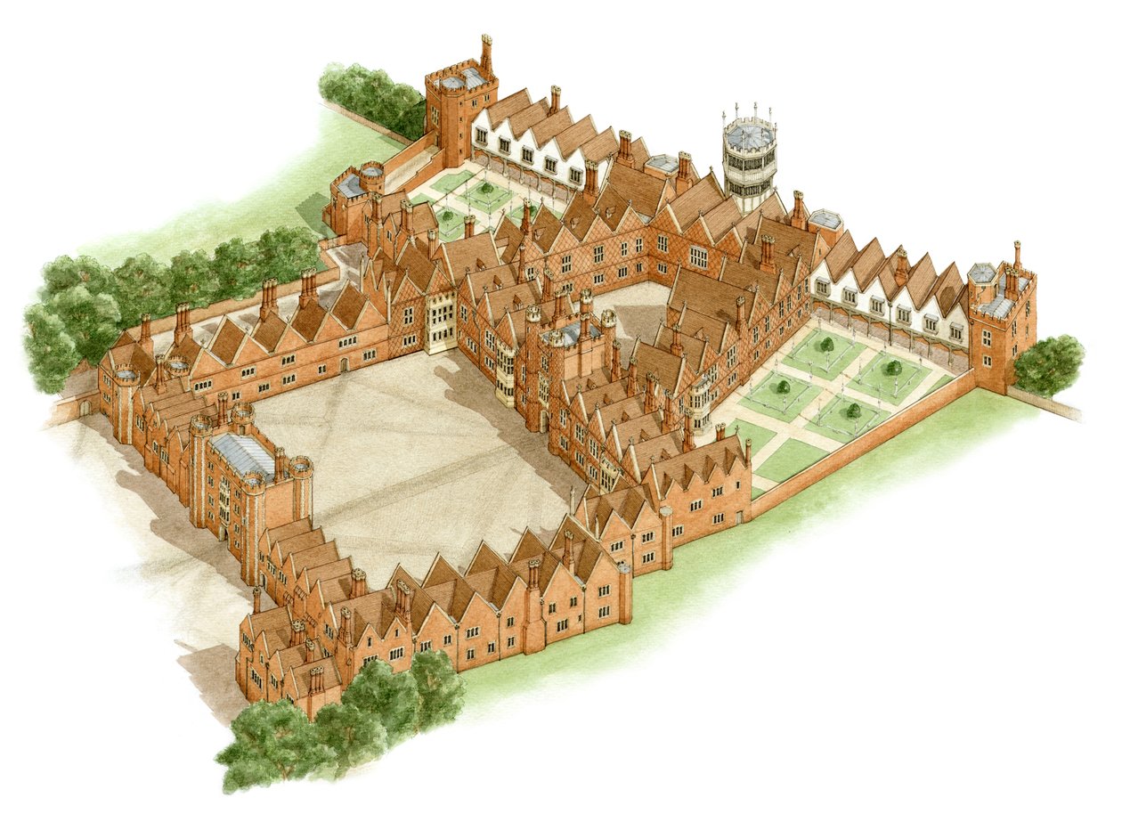 Oatlands Palace, Surrey, ca. 1540-1600 (blæk og akvarel) af Stephen Conlin
