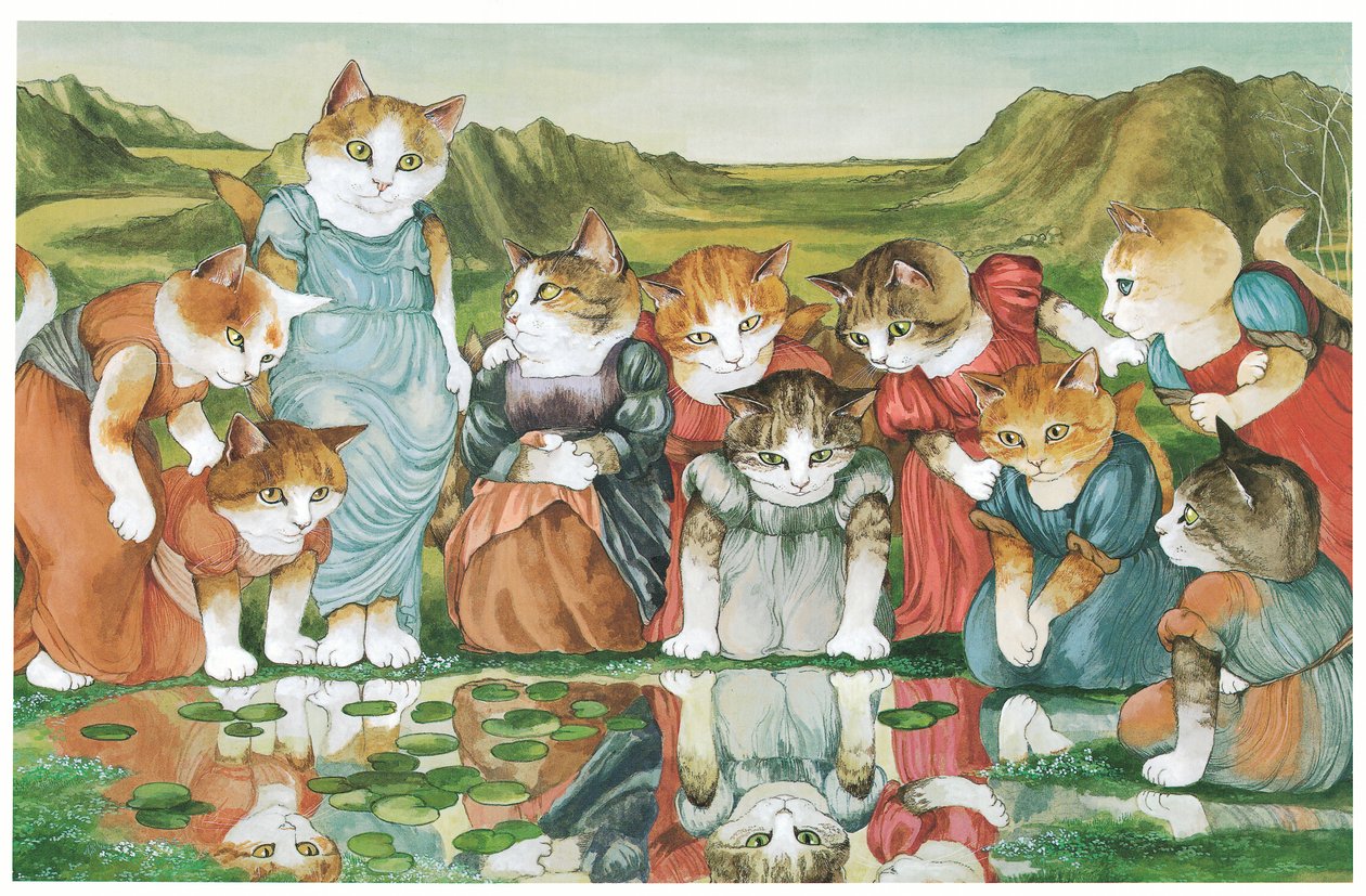 Illustration fra Pre-Raphaelite Cats (udgivet 1999) af Susan Herbert