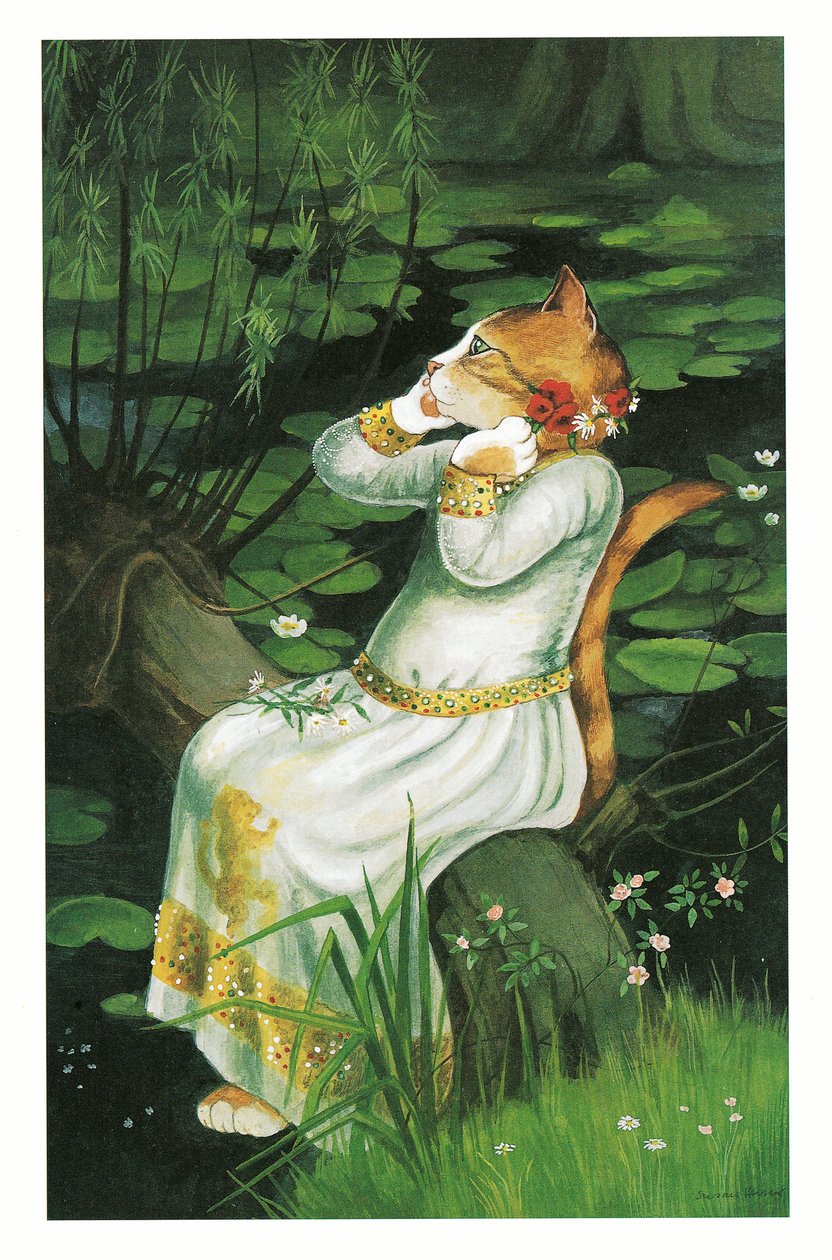 Illustration fra Pre-Raphaelite Cats (udgivet 1999) af Susan Herbert