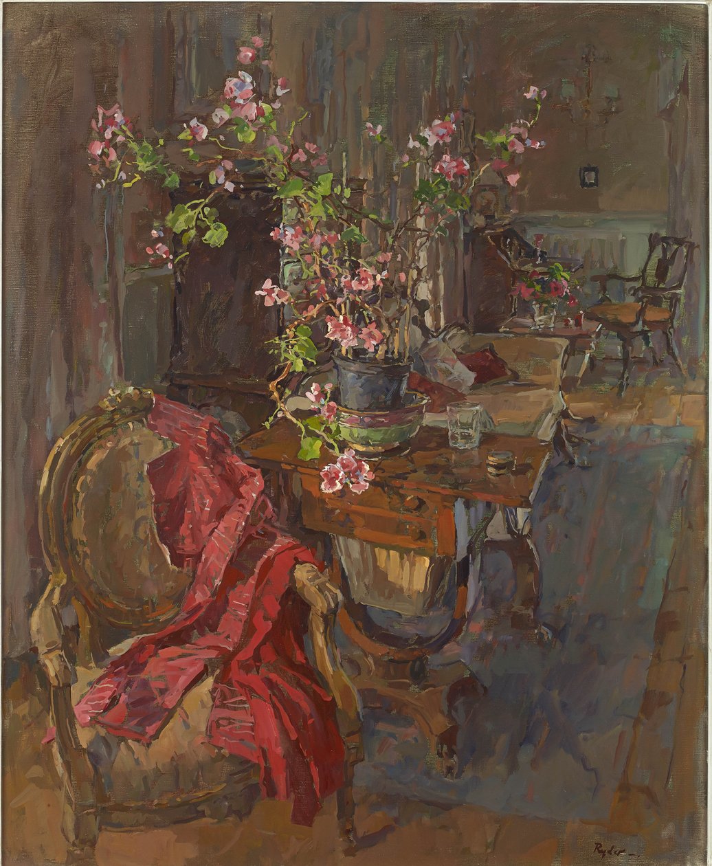 Rød frakke med geranium af Susan Ryder