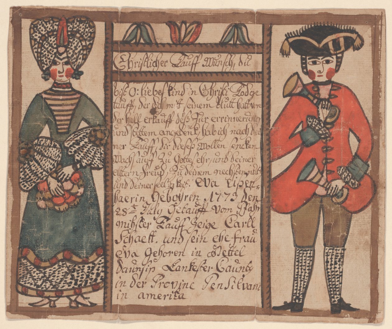 Fødsels- og dåbsattest for Eva Eissenhaer, ca. 1773 (pen & blæk og wc på papir) af Sussel Washington Artist