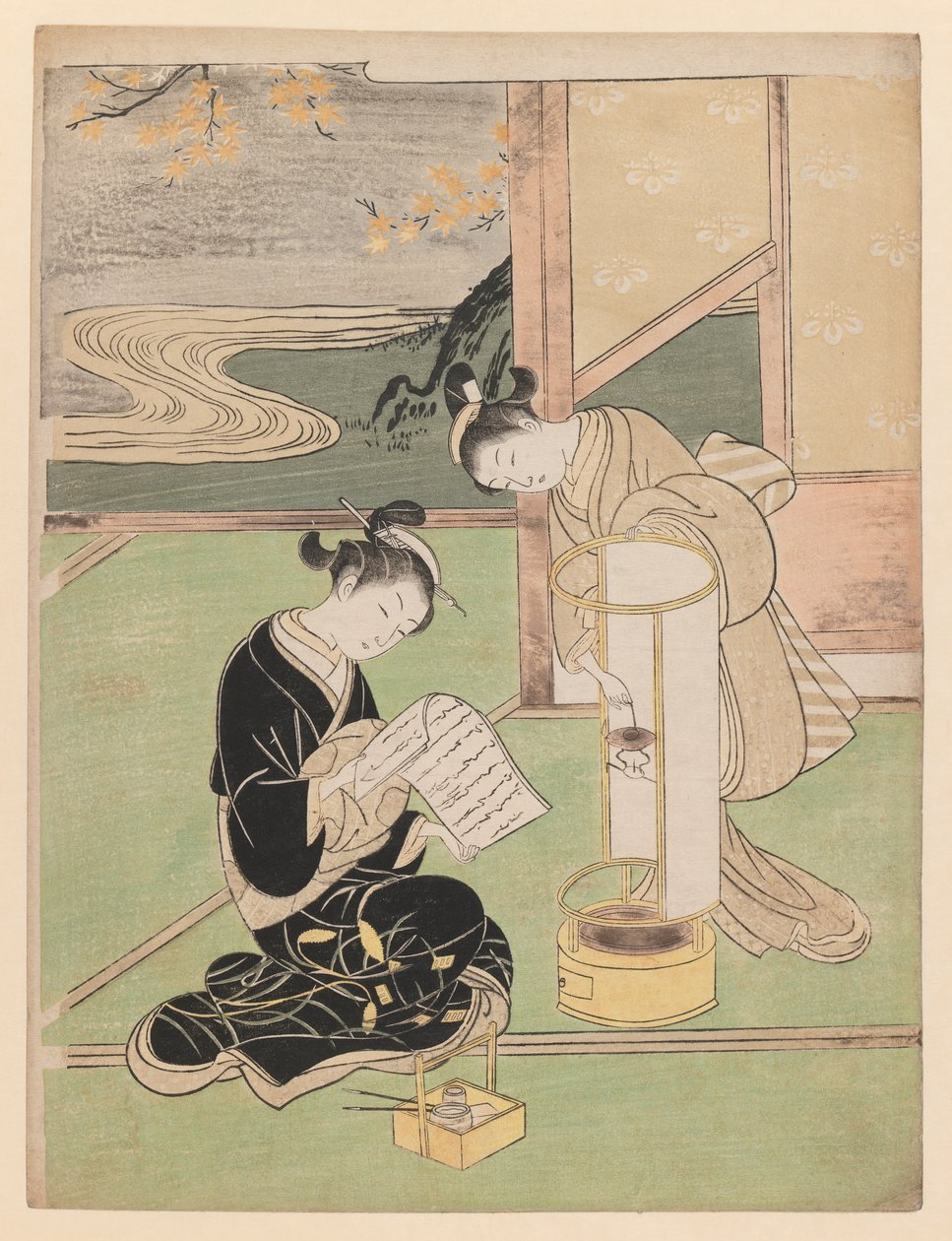 Evening Glow in the Paper-Covered Night-Light, fra serien Eight Parlour Views, 1766 (træbloktryk i farver) af Suzuki Harunobu