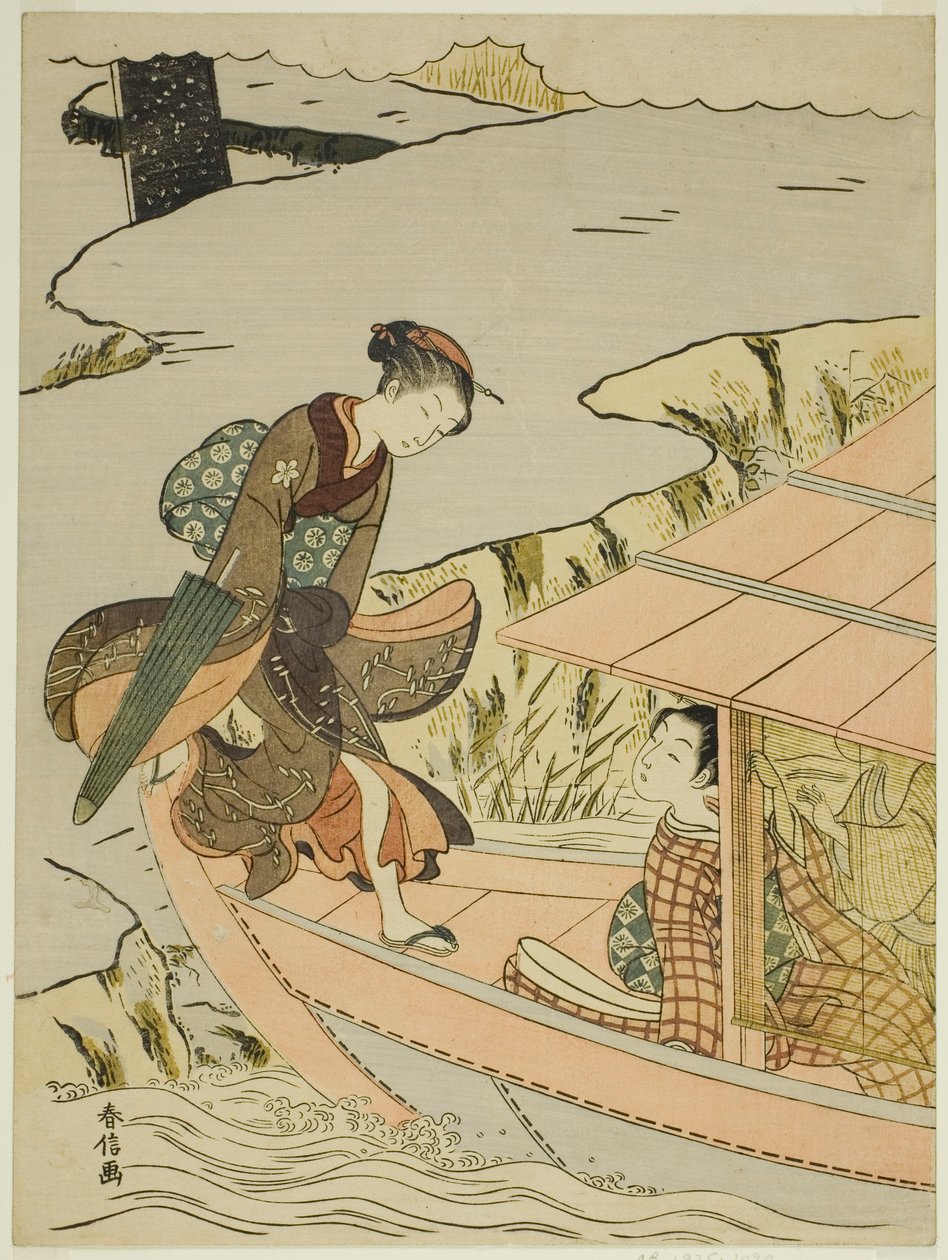 Pige går ombord i en båd af Suzuki Harunobu