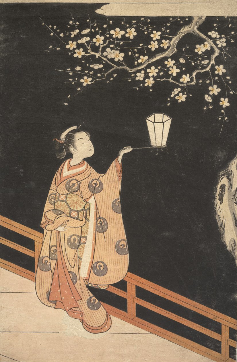 Kvinde, der beundrer blommeblomster om natten. af Suzuki Harunobu