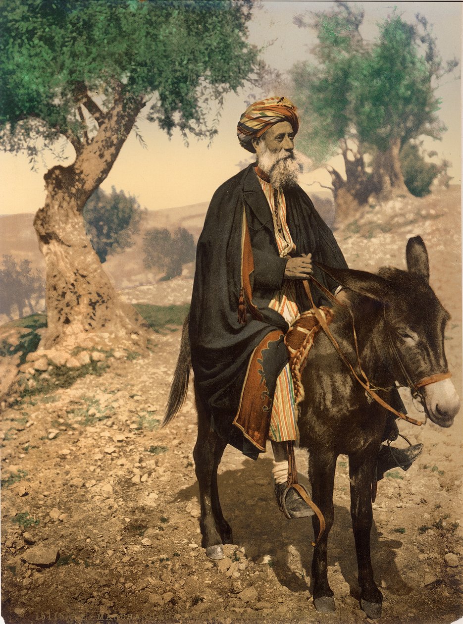 Arabisk mand fra Betlehem på sit æsel, ca. 1880-1900 (fotokrom) af Swiss Photographer