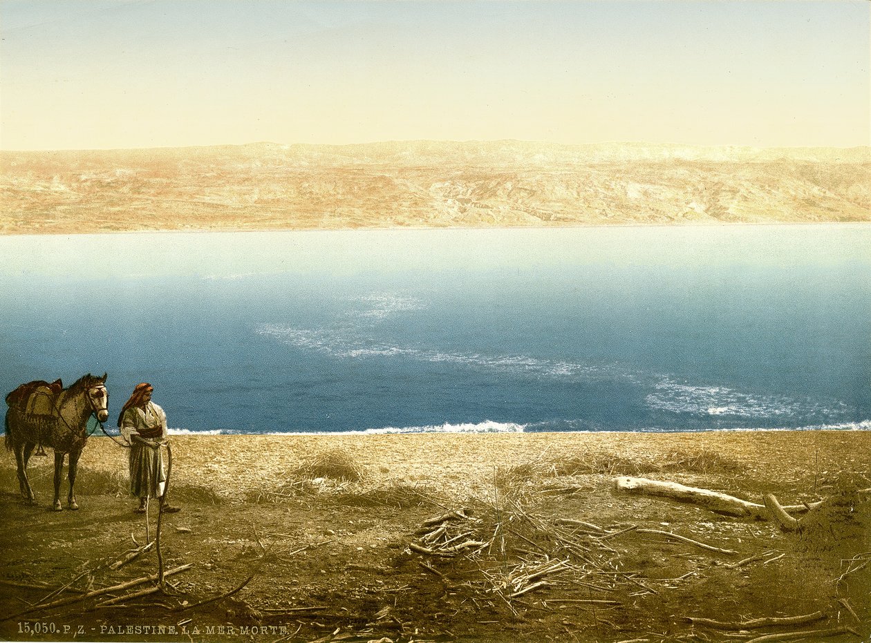 Udsigt over Det Døde Hav mod øst mod Moab, ca. 1880-1900 (fotokrom) af Swiss Photographer